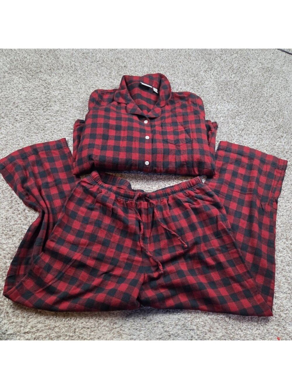 LL Bean Pajama Set Womens Large Red Plaid Flannel Cotton Loungewear Stretch